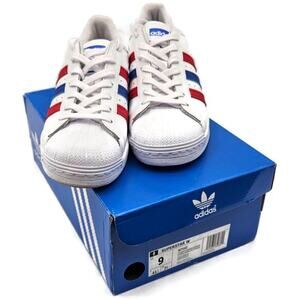 Adidas Superstar White Red Blue Stripe Shoes Ladies Size 9 Shell Toe AC7162